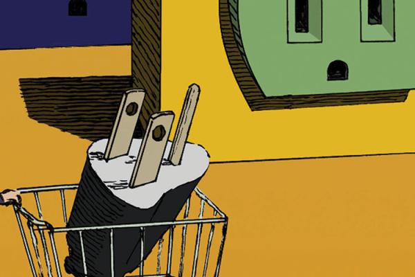 Man pushing a shopping cart with an electric plug on a scene of outlets
