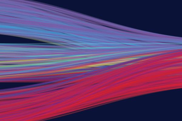 A series of bright colorful lines converging into groups