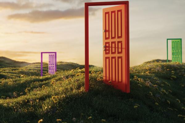 Colorful doorframes in a hilly field