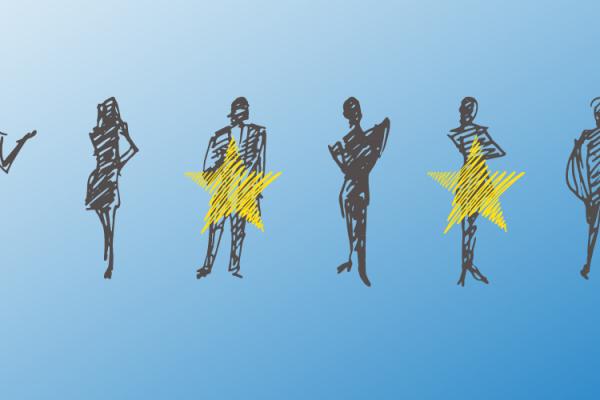 Sketches of ten people in a row on a blue background