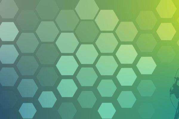 Hexagonal pattern over blue, green, and yellow background with a transmission tower