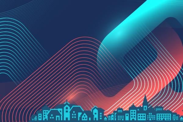 Array of pink and blue interweaving lines behind a graphic of buildings