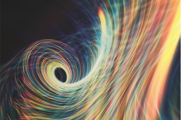 Swirl of multi-colored fibers against black backround