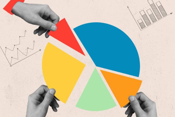 Hands reaching for a piece a of a pie chart