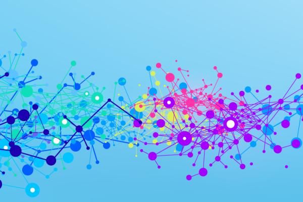 Abstract image of multicolored dots against a blue background