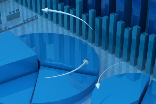 Abstract array of blue three-dimensional pie- and bar-graph visuals