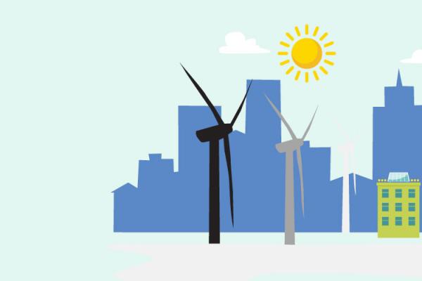 Cartoon depiction of a silhouetted cityscape with wind turbines in the foreground