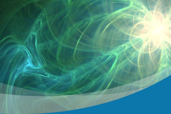 Abstract array of blue and green swirls against a dark background.