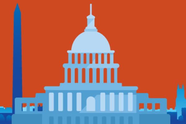 Illustration of Washington, DC landmarks against an orange background