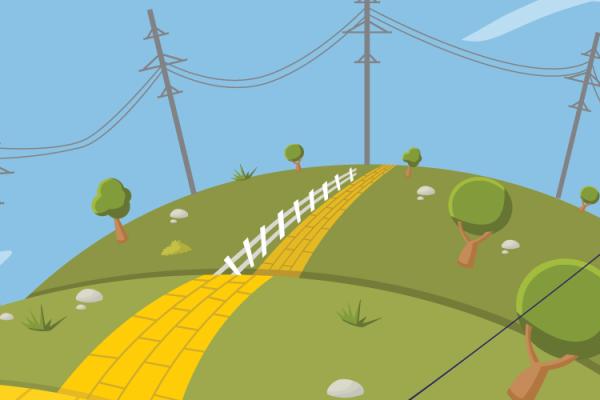 Lineworker over image of rolling hills