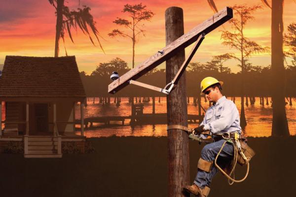Lineworker over image of Louisiana bayou
