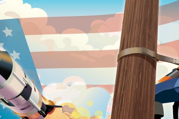 Graphic of a lineworker with a rocket and the american flag