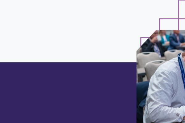 Purple-and-white banner with an image of a person taking notes