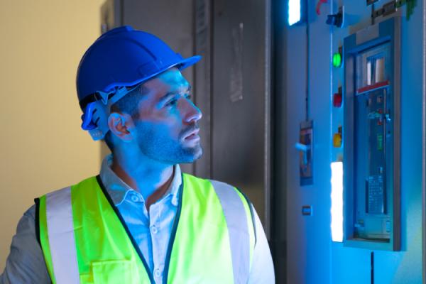 man in yellow vest looking at a glowing item