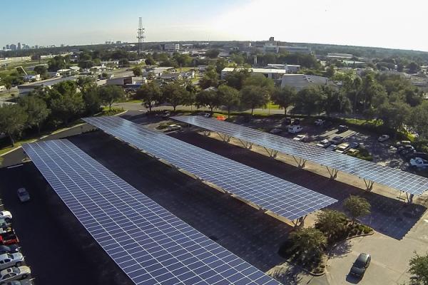 solar panels on a parking lot
