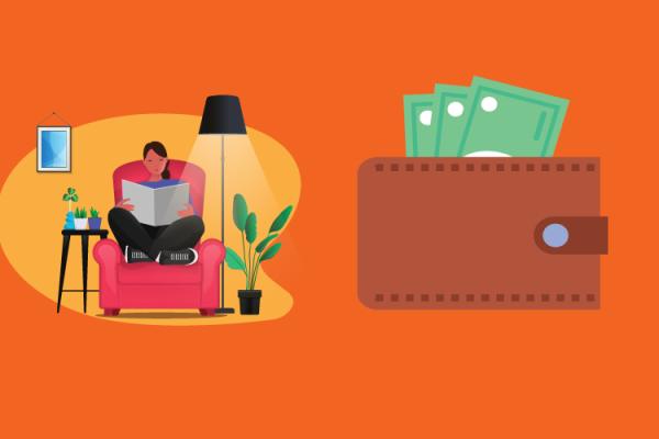 illustration of a stack of coins, a person sitting on a couch under a lamp, a wallet with dollar bills sticking out, and a person running through a park