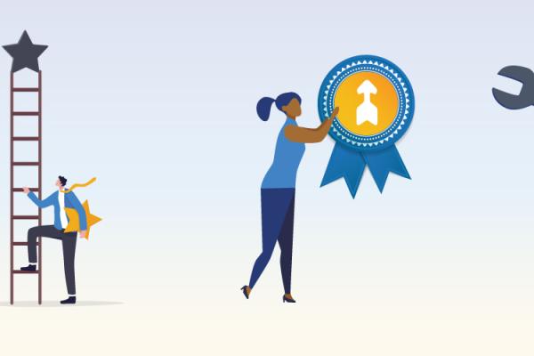 Illustration of a row of five stars, four are yellow and one is gray. A person holds the fifth yellow star at the bottom f a ladder. A person holds a blue ribbon and another person carries a large wrench