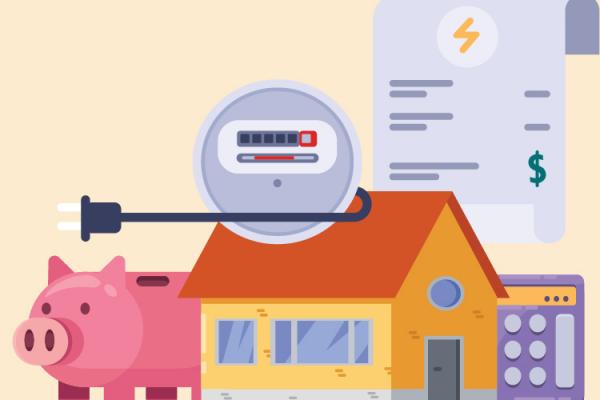 illustration of electric meter, house, and piggy bank