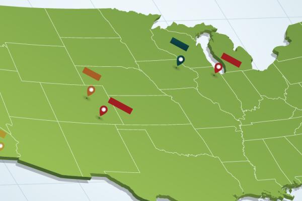 US map with several locations highlighted