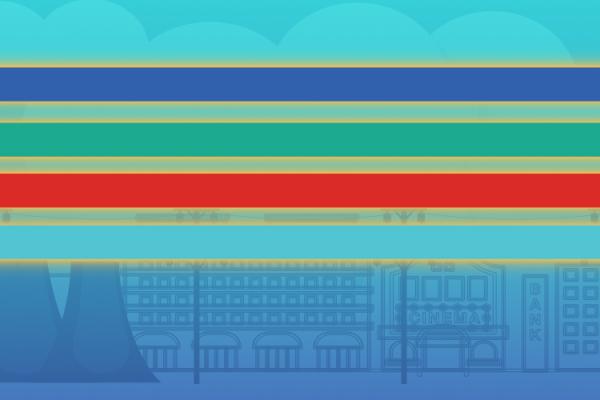 Series of colorful bars over an outline of a community with utility poles