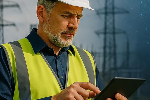 Public power resiliency specialist using a tablet for grid monitoring.