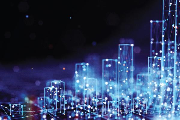 Representation of a city skyline that is interconnected by digital nodes