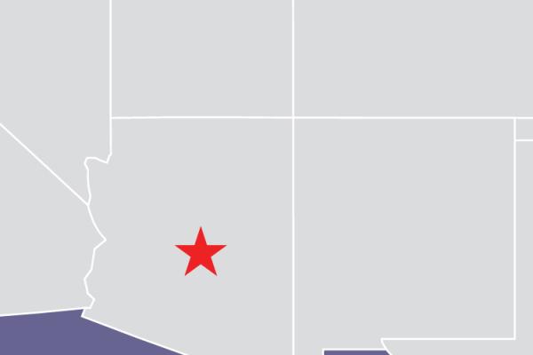 Location of Mesa, Arizona, in Arizona, marked by a star, on a map of the southwestern United States