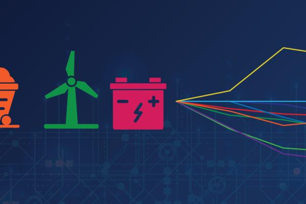 Electric generation symbols next to a graph of changing costs by generation source.