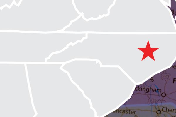 Section of the US southeast with a red star over the relative position of Clayton's location in North Carolina