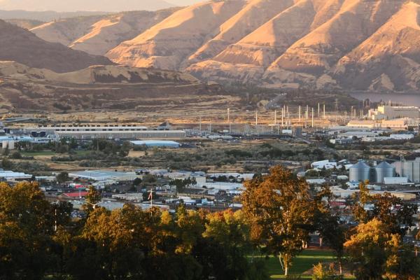 An aerial view of the Dalles, Oregon and the surrounding mountains. Photo courtesy Jeff Teel, Northern Wasco County PUD