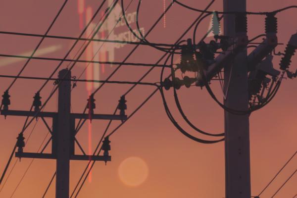 Power lines at dusk behind the transparent layover of an operations center control panel that is tracking power usage.
