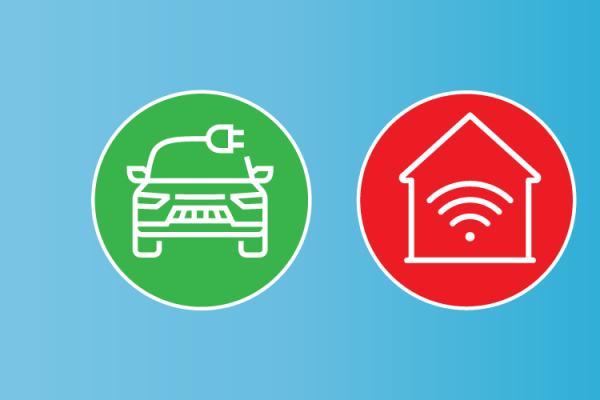 Series of icons representing electric vehicles, smart homes, and solar panels on a blue-white gradient background