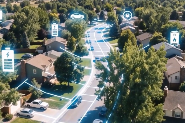 Rendering of the city of Longmont, Colorado, showing a network of assets such as smart devices and battery storage