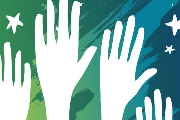 outlines of raised hands on blue green background