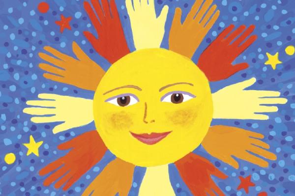 Illustration of sun with hands for rays
