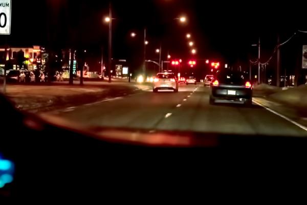 view from car dashboard at night