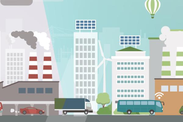 illustration of city transitioning to cleaner air