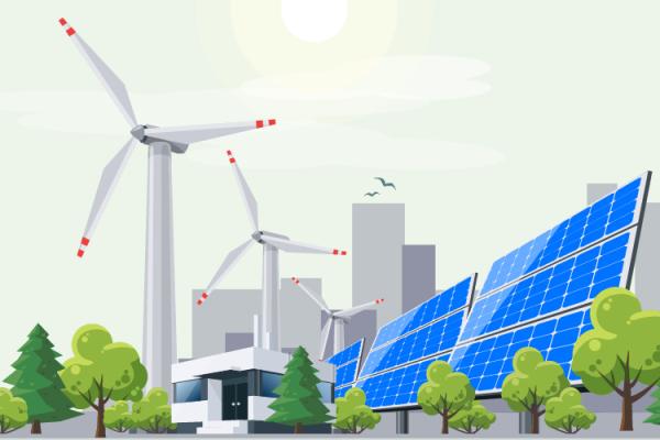 Illustration of renewable energy sources in front of a city skyline