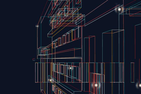 outline of building and lights on black background