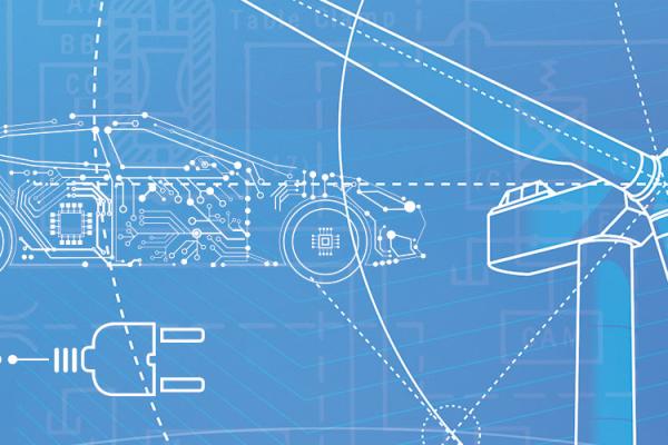 blueprint drawing of electric car and wind turbine