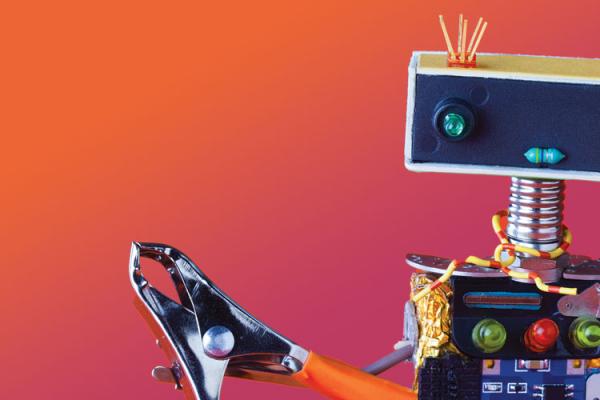 friendly looking robot comprised of small electronics