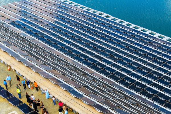 DEMEC's newly installed floating solar installation located on a pond in Middletown, DE