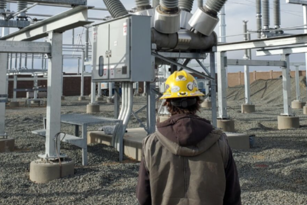 Crew member observing the Platte River severance substation