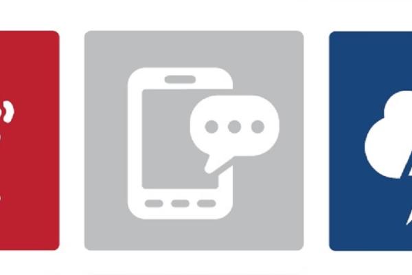 icons of a tornado, cell phone and lightning bolt over a cloud