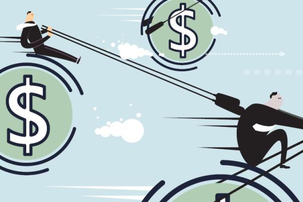 Illustration of business people rowing on dollar signs