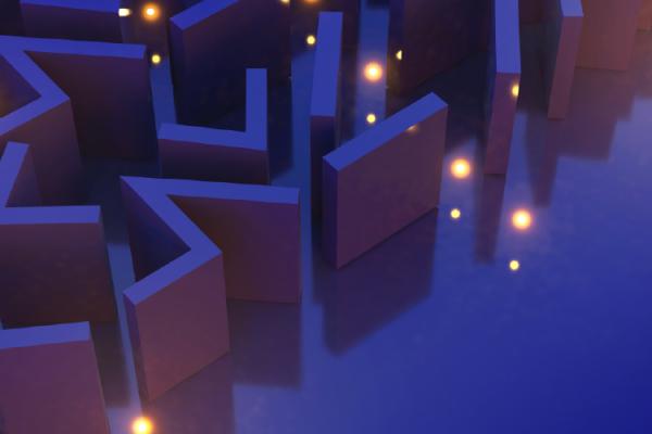 points of light navigating a dark blue maze