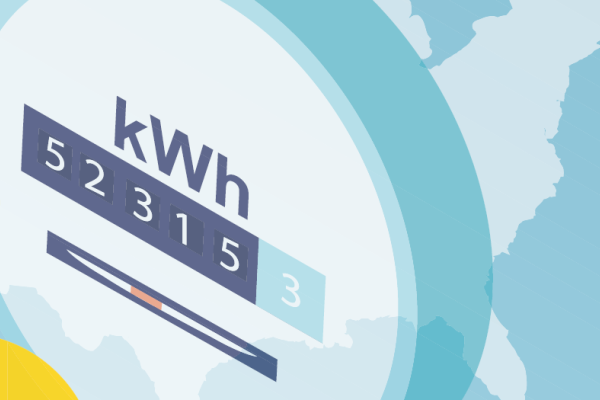 electric meter coins and calculator over outline of the U.S.