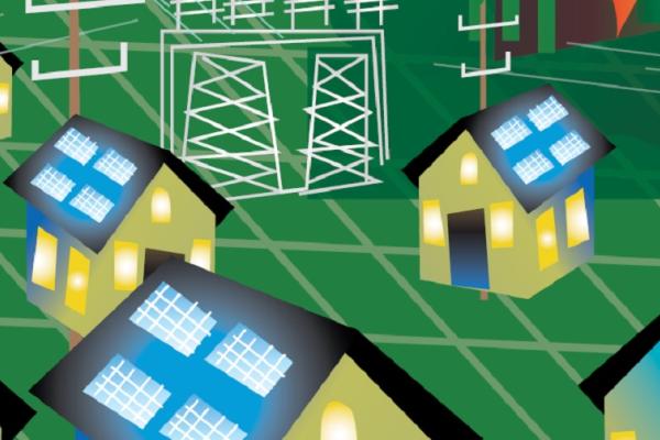 illustration of houses with solar panels and electric infrastructure