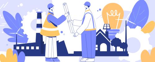 utility workers in hard hats shaking hands in front of collage of generating facilities