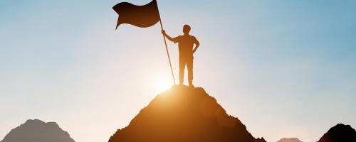 A silhouetted figure holding a flag atop a hill